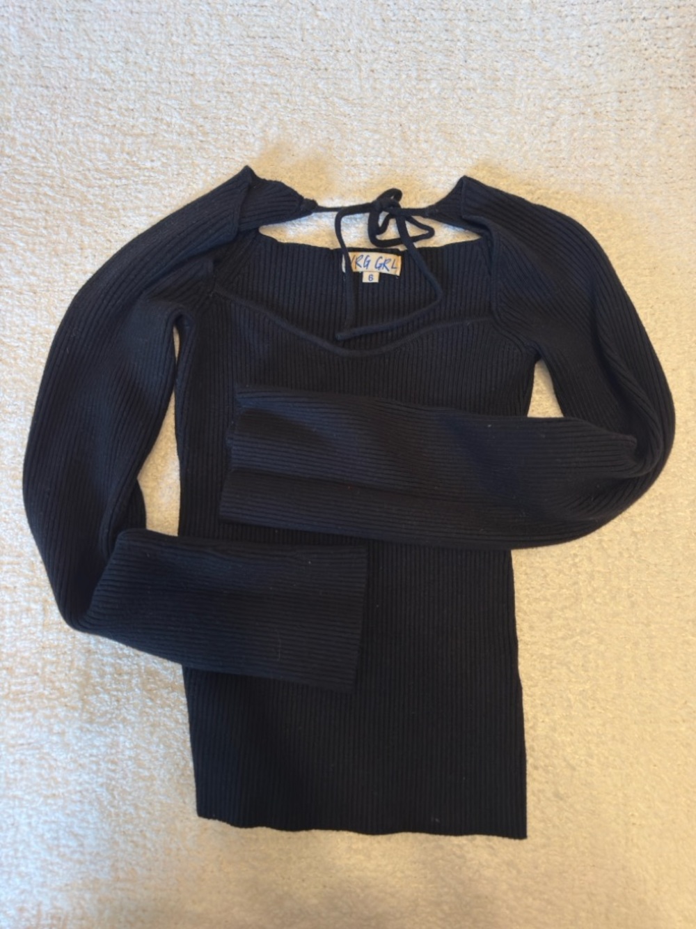 Ribbed Long-Sleeve Tie-Neck Dress in Black